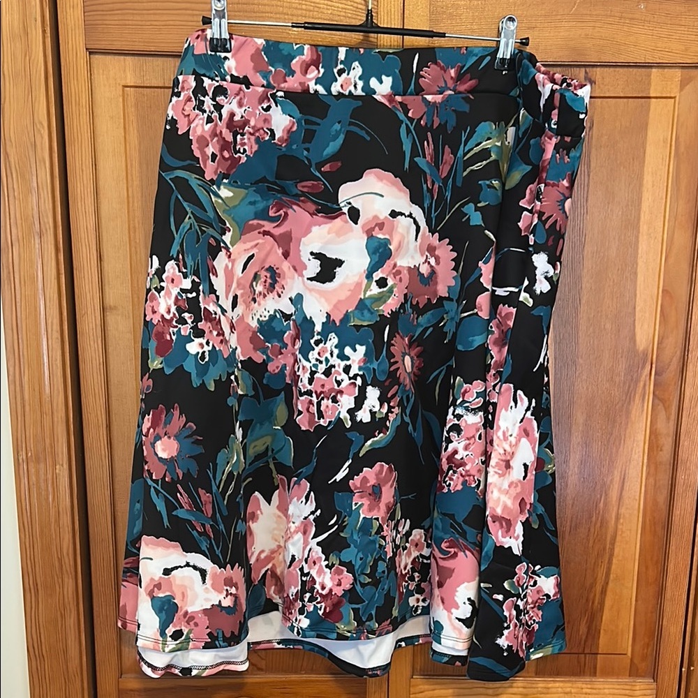 Dia & Co Green Pink Floral Midi Skirt 4X NWT Stretch Waist A‑Line